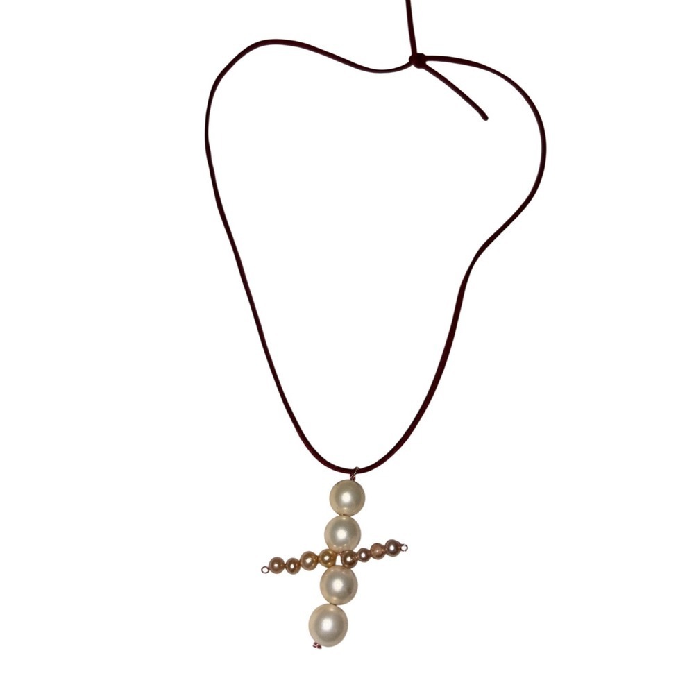 Handmade Pearl Cross Pendant Necklace Burgundy Cord Adjustable Tie Religious